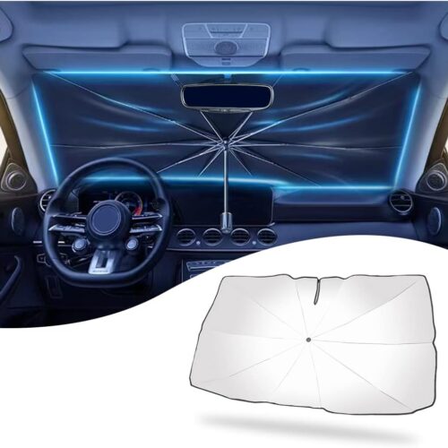 Foldable car sun shade cover with opening design, foldable, UV protection.