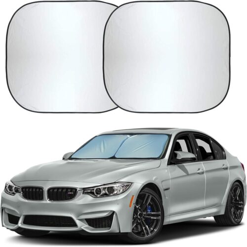 Foldable front windshield sun shade for sun heat and UV protection, foldable and compact.