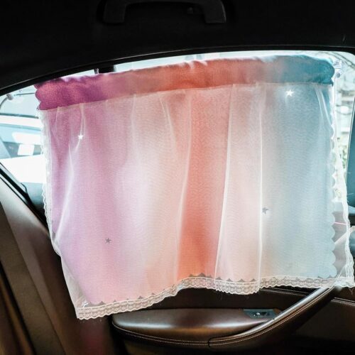 Foldable decorative car window sun shade curtain with cute pattern and UV protection, foldable design.
