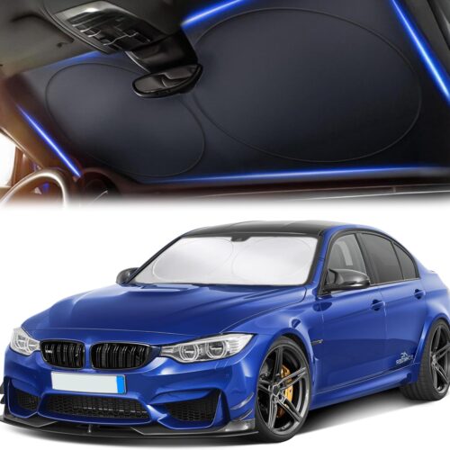 Foldable reflective car sun shade for windshield, polyester material, foldable design.